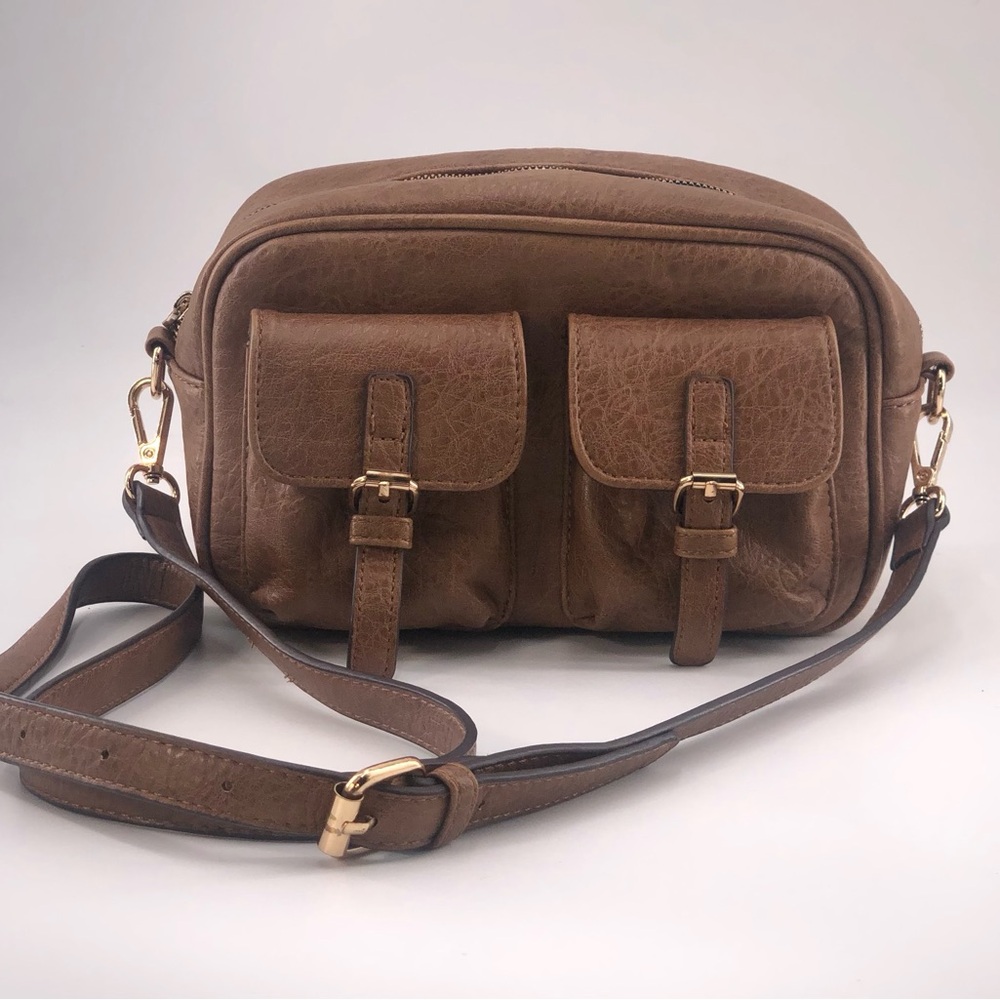 Gussaci Women's Handbag Crossbody Bag Medium Brown Faux Leather Buckle Pockets